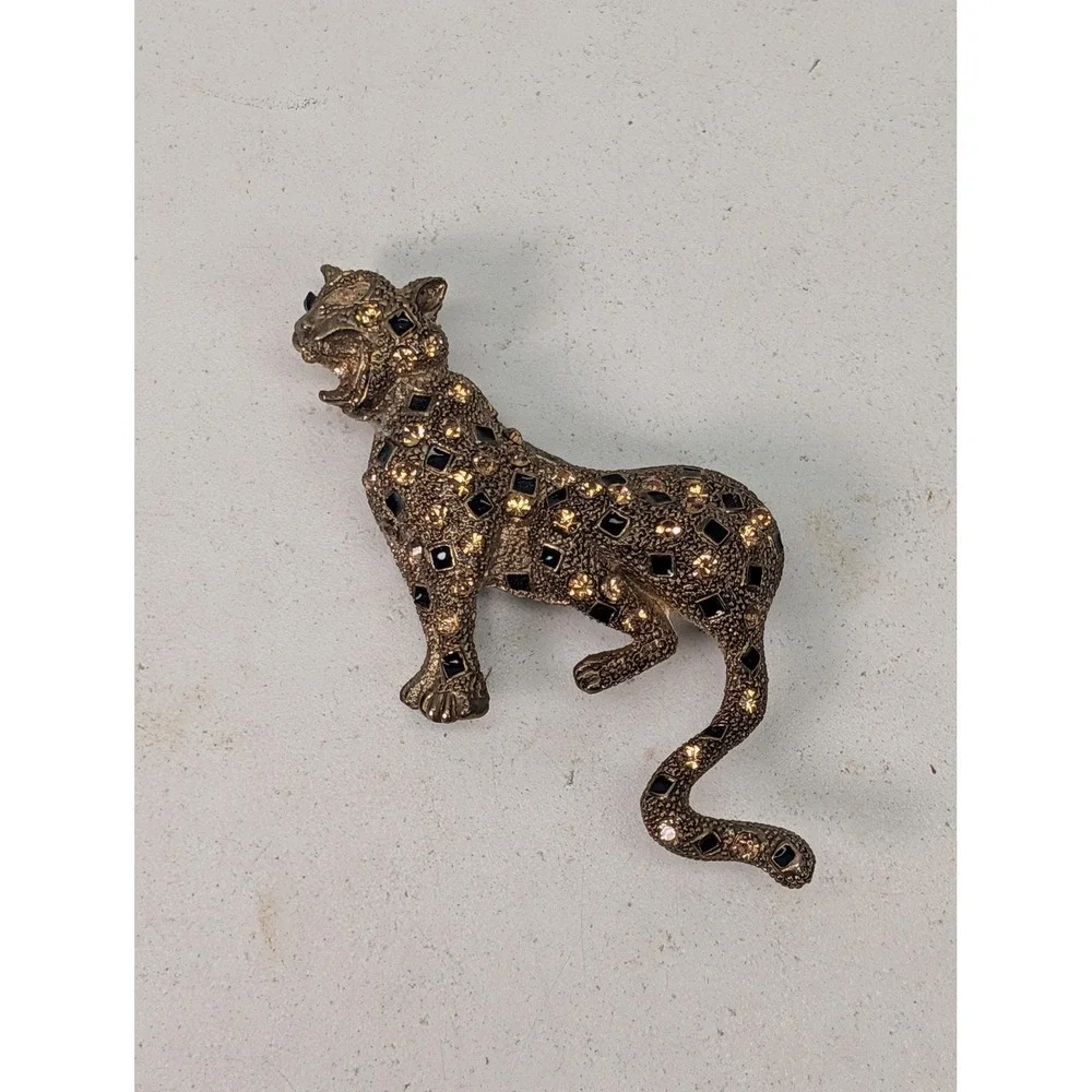 Tasha Leopard Brooch Gold Tone Champagne Rhinestone Black Animal Statement Pin